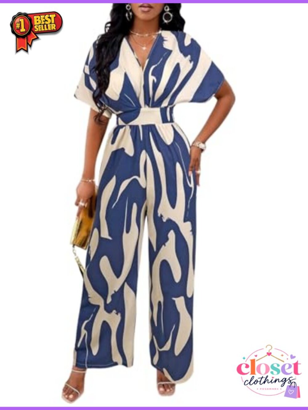 PerZeal Women's V-Neck Short Sleeve Printed Wide Leg Jumpsuit with Pockets